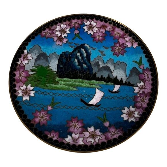unknown Other - ANTIQUE Beautiful Chinese Cloisonne 3D Plate With Original Stand Boats Water